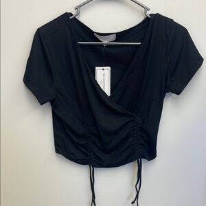 Black Ruched faux Wrap Crop Blouse